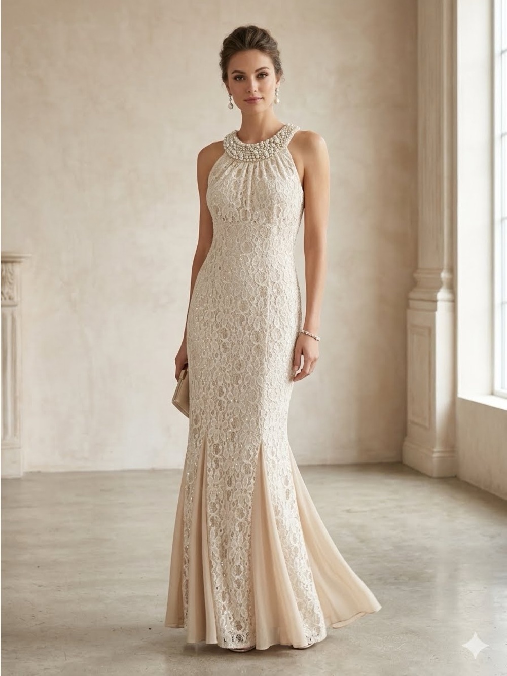 Cachet Beaded Halter Lace Maxi Gown in Ivory and Blush Size 2